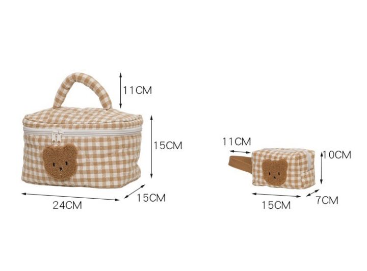 พร้อมส่ง-กระเป๋าใส่เครื่องสำอาง-กระเป๋าจัดระเบียบ-กระเป๋าผ้าลายตาราง-กระเป๋าลายหมี-กระเป๋าหน้าหมี