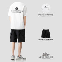 Lazy Day ชุดผู้ชายออริจินัลเสื้อยืดแขนสั้นพิมพ์ลายตัวอักษรแบรนด์ยอดนิยมสไตล์ญี่ปุ่นสำหรับผู้ชายชุดทำงานทรงหลวมกางเกงยาวระดับเข่า