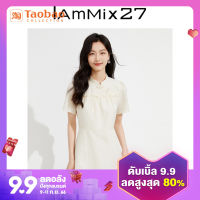 Iammix27ชุดเดรสแขนสั้นสำหรับผู้หญิงเดรสกี่เพ้าแบบปรับปรุงคอตั้งเข้ารูปแขนพองติดกระดุมไข่มุกสไตล์จีนแนววินเทจ