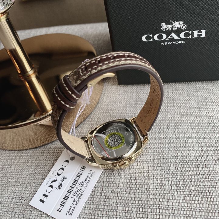 ของแท้100-นาฬิกาข้อมือสายหนังสีน้ำตาล-coach-14503150-boyfriend-gold