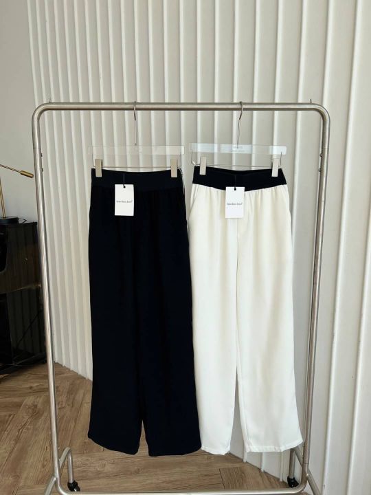 valen-กางเกงขายาว-กางเกงขากระบอก-เอวสูง-ดีเทลขอบแต่งยาง-มีซิปด้านข้าง-สีเงิน-เนื้อผ้า-ดี-มีกระเป๋า-2-ข้าง