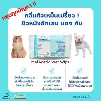 Dechra MalAcetic wet wipes 25 ชิ้น ผ้าเช็ดทำความสะอาดแบบเปียกช่วยปรับสภาพผิวให้เหมาะสมต่อความสม ของจุลชีพ