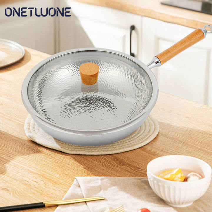 304 stainless steel frying pan 32cm nonstick wok with wooden handle Hammer pattern pot