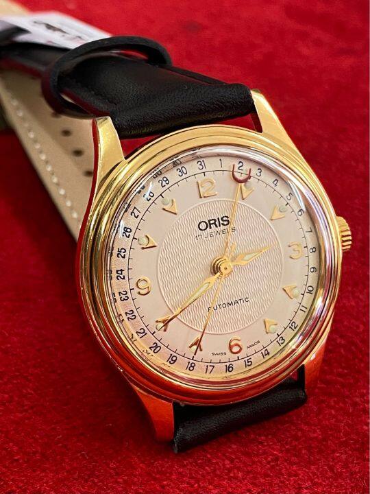 oris-17-jewels-automatic-เข็มชี้วันที่ก้ามปู-ตัวเรือนทองชุบ-นาฬิกาผู้ชาย-นาฬิกามือสองของแท้