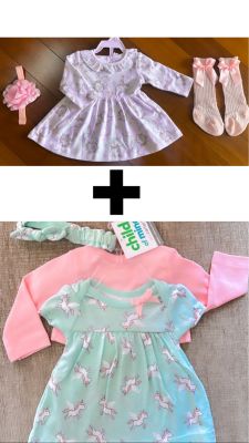 Newborn Carter’s dress with jacket and headband and Disney white kitty dress with pink socks and flower headband combo dress set