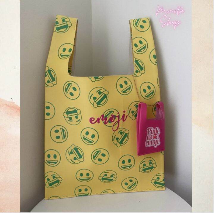 พร้อมส่งจากไทย-moneta-emoji-shopping-bag-กระเป๋าช้อปปิ้ง-มาพร้อมกระเป๋าใบจิ๋ว-กระเป๋าถือ-กระเป๋าใส่ไอแพด-กระเป๋าใส่โน้ตบุ้ค-วัสดุอย่างดี-ใส่ของหนักไม่เสียทรง