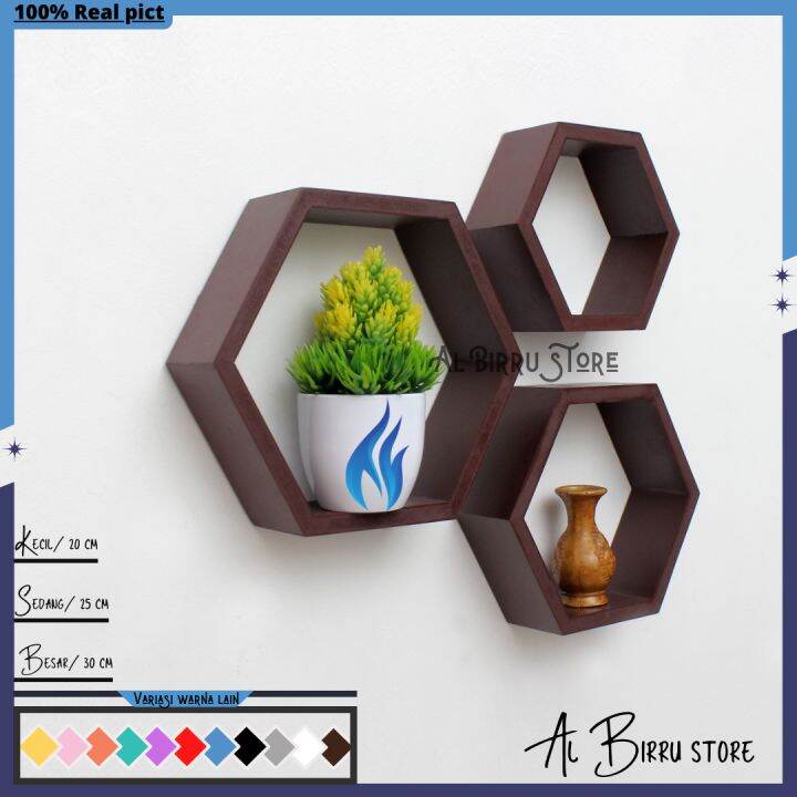 Rak Hexagonal Segi Enam Tempel Dinding Minimalis Warna Coklat Lazada