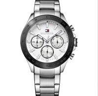 Tommy Hilfiger 1791227 Silver Tone Black Bezel Day Date Mens Dress Watch