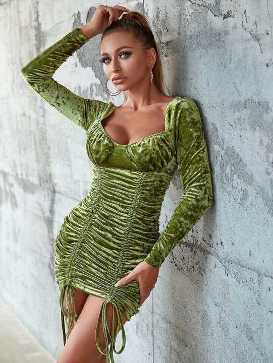 Double Crazy Sweetheart Neck Drawstring Ruched Velvet Bodycon Dress | Lazada  PH