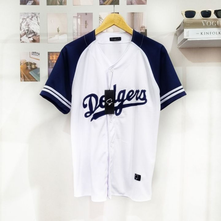 Jersey baseball baju baseball Dodgers putih navy pria dan wanita