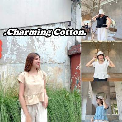 Charming cotton เสื้อขอกลมระบายชาย ผ้าฝ้าย เสื้อผ้าฝ้าย เสื้อทำงาน มินิมอบ