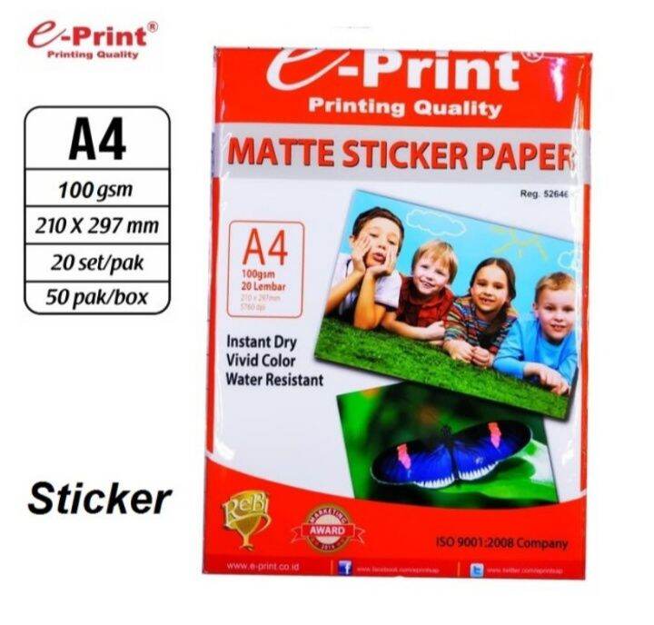 Matte Sticker Paper e-print A4 100gsm isi 20 lembar Kertas Print ...