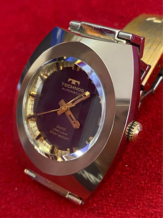 technos-gold-deluxe-borazon-25-jewels-automatic-ตัวเรือนคาไบรท์-นาฬิกาผู้ชาย-มือสองของแท้