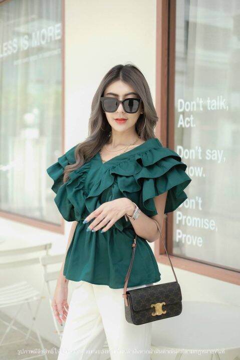 เสื้อคอวีหน้า-วีหลัง-ระบายแขน-3ชั้น-ขนาดฟรีไซร้