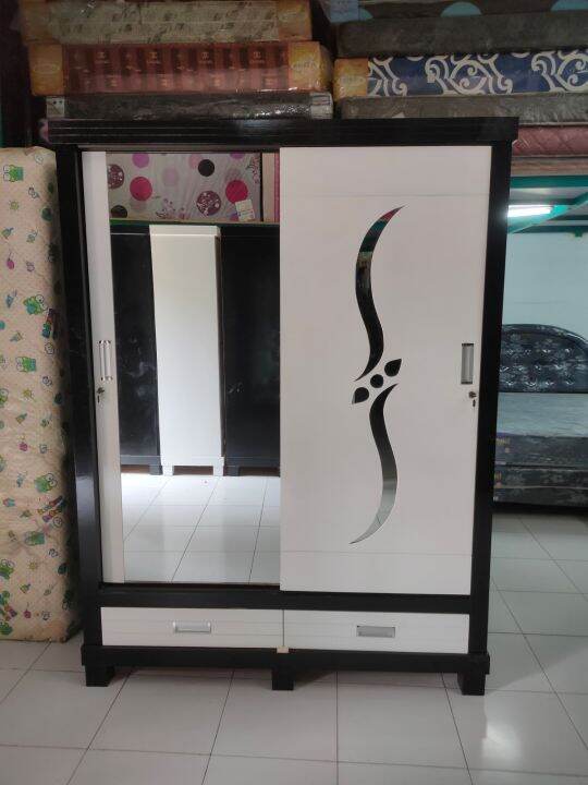 Lemari Pakaian 2 Pintu Lemari Sliding 2 Pintu Motif Kaca - Hitam Putih