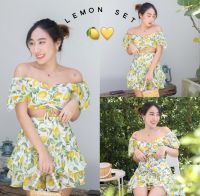 Lemon set ??-เสื้อครอปปาดไหล่+กระโปรงซีฟอง ได้ 2 ชิ้น