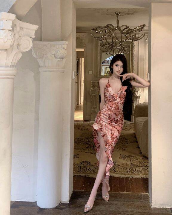 ชุดเดรสสายเดี่ยวหลังสวยเซ็กซี่พิมพ์ลายสวยหวานสำหรับงานปาร์ตี้กระโปรงชายระบายดูแพงสำหรับผู้หญิงเดรสยาวเข้ารูปสไตล์ฝรั่งเศส