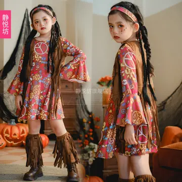 2Pcs 60s 70s Outfit for Girls Kids Hippie Costume Bell Sleeve Print Disco  Dress with Headband Halloween Cosplay Dancing Dress 