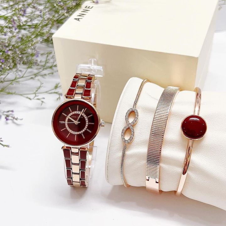 นาฬิกาข้อมือผู้หญิง-anne-klein-womens-swarovski-crystal-accented-rose-gold-tone-and-burgundy-watch-and-bracelet-set-ak3286byst-size-28-mm