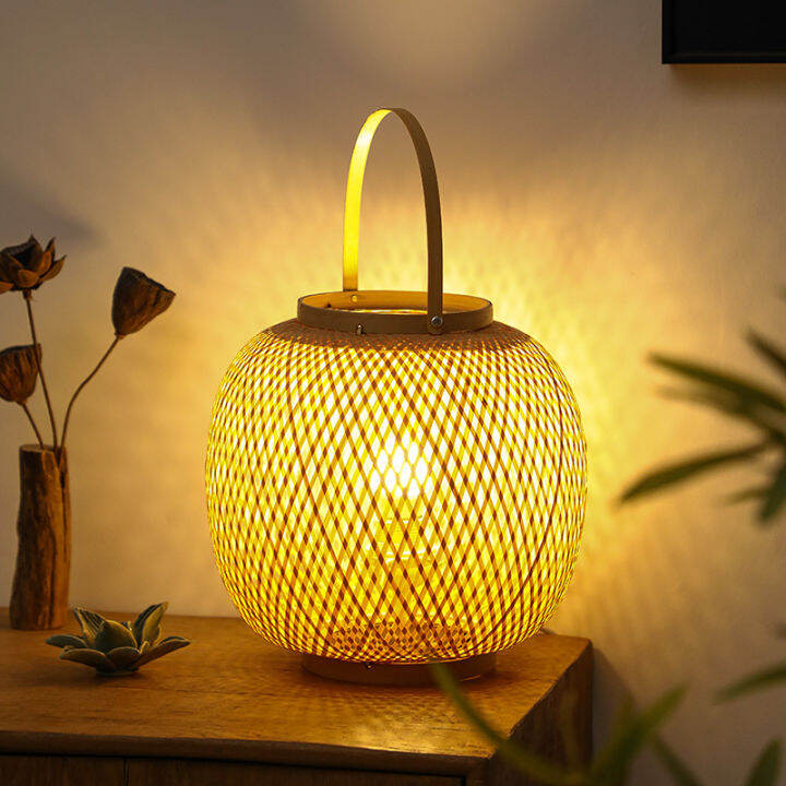 Bamboo Weaving Table Lamp Garden Restaurant Hotel Bedroom Balcony