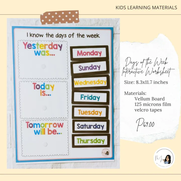 DAYS OF THE WEEK LAMINATED INTERACTIVE DETACHABLE VELCRO WORKSHEET ...