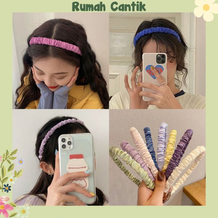 Bando Scrunchie Korea Headband Satin Kerut Bandana Rambut Kain Polos Bando Wanita 