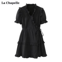 La Chapelle เดรสคอวีชายระบายสไตล์ฝรั่งเศสเดรสทรงเอผูกสายรัดเอวใส่แล้วดูผอมเพรียวสำหรับผู้หญิง