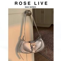 Rose Live กระเป๋าใต้วงแขนหนังแว็กซ์สีเงินสาวแซ่บกระเป๋าทรงบาแกตต์ผิวสัมผัสดีสำหรับคนส่วนน้อยกระเป๋าผู้หญิงสะพายข้างสะพายไหล่เดียวแนววินเทจ