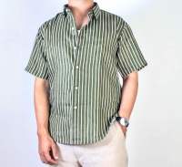 Linen Shirt Olive Stripe Short Sleeve - เสื้อเชิ้ตลินินแขนสั้น ลายทางสีเขียวมะกอก