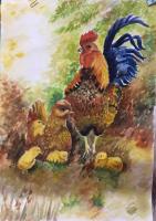 ภาพติดผนัง ไก่มงคล ภาพวาดสีน้ำ ขนาดA3 29.7x42 cm กระดาษร้อยปอนด์