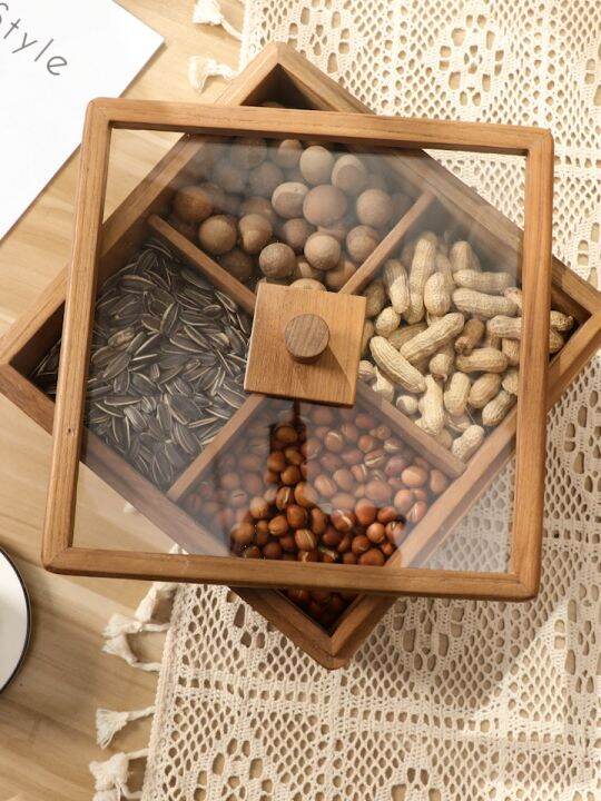Teak 4grid transparent cover storage box Dried fruit candy box