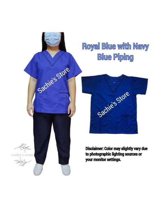 Scrub Suit Set With Piping Design Royal Blue Color Combination Scrubsuit Terno Tetoron And 1547