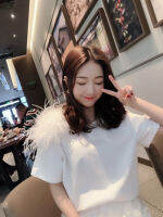 ร้อน, ร้อน★Large Size Fat Mm2019 Spring And Summer New Style Crew Neck Shoulder Ostrich Feather Feather Fashion Short Sleeve T-shirt Tops Womens Loose-Fit