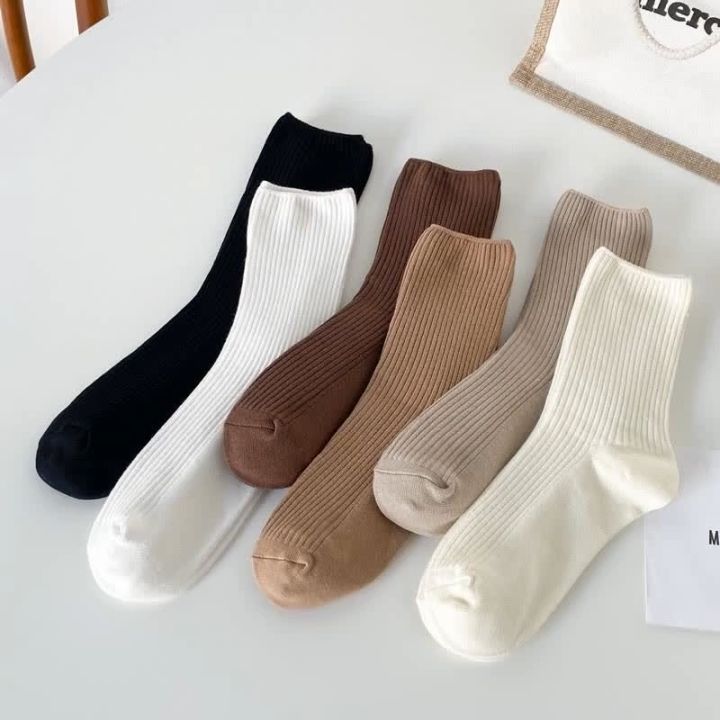 Solid Color Textured Middle Tube Socks for Womens Indoor Outdoor Warm Socks  Versatile Striped Simple Pile of Stockings