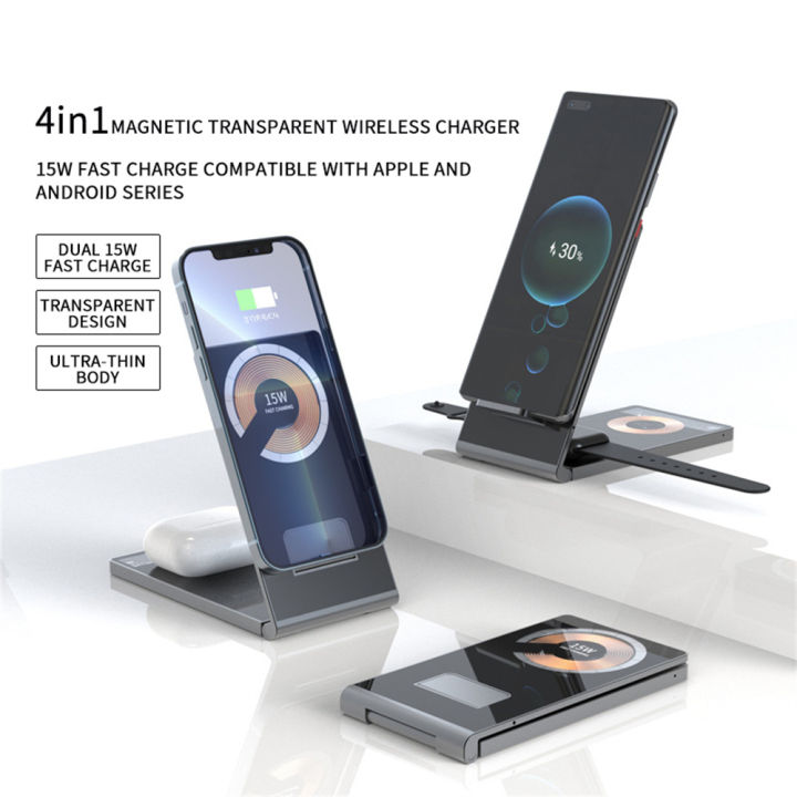 Portable 4 in 1 Magsafe Travel Wireless Charger Dock Stand for iPhone 14 13  Pro Max AirPods Pro 2 3 Apple Watch Ultra/8/7/SE/6 QI  Protocol/Android/HarmonyOS Mobile Phone Multifunction 15W Fast Charging  Wireless