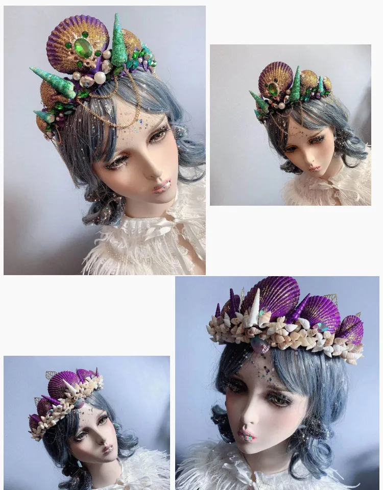 Shark Mermaid Crown Ice and Snow Crystal cos Hanfu Headdress Accessories  Handmade Lolita Marine Shell Style Fashion Novelty