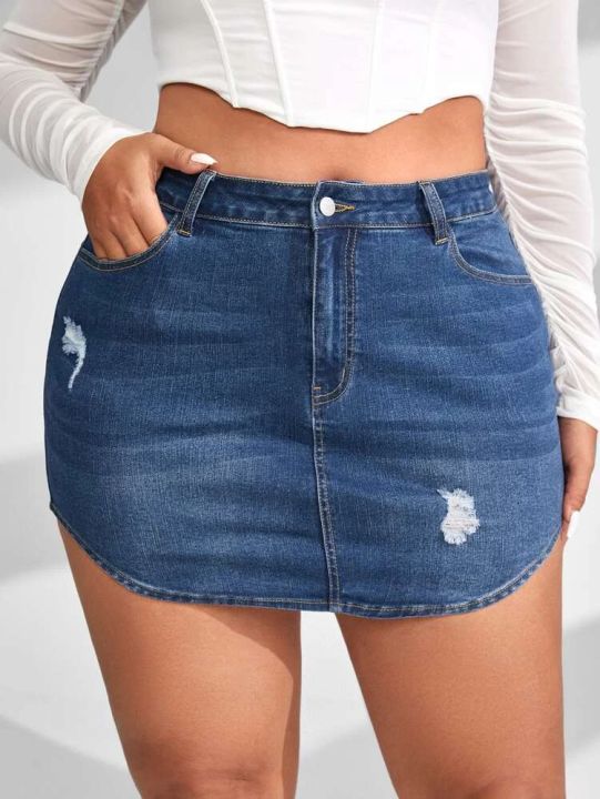 Plus High Waist Ripped Denim Skirt Lazada Ph