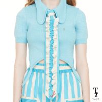 TandT - BOLDEN Necktie STRIPED RUFFLE NECKTIE เนคไทตกแต่งกดรูดระบาย ผ้าลายทางสีฟ้า-ขาว