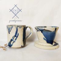 ชุดแก้วมัคพร้อม ที่ดิปกาแฟ เคลือบสีคราม และสีใส ทำมือจากช่างเมืองเชียงใหม่ Handmade ceramic Mug 
with coffee Dipper SET no.2 All made by Hand and Heart in Chiang Mai, Thailand. by ProdPran Craft