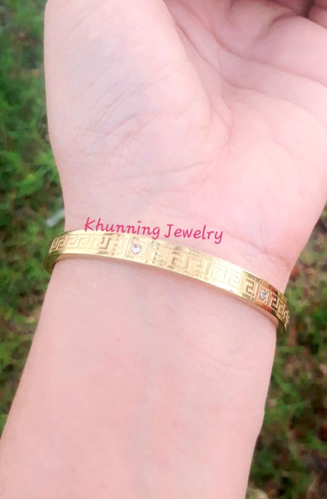 กำไลลายจีน-ลายเก๋งจีน-กำไลแฟชั่น-สแตนเลสแท้-เลส-18k-มีพลอยเม็ดเล็ก-ทรงกลม-ไม่ลอกไม่ดำ-งานเลสเลเซอร์