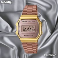 CASIO A-168WECM คาสิโอ นาฬิกาหญิง สายสแตนเลส สีทอง-พิ้งโกลด์ กันน้ำ ของแท้รับประกันศูนย์