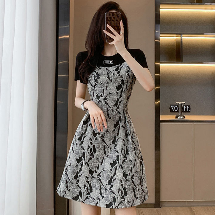 Mùa hè 2019 mới đầm nữ phiên bản Hàn Quốc mỏng cỡ lớn đen trắng khâu dài  kiểu váy chữ A  ALine Váy mẫu váy xòe liền thân đẹp  Tàu