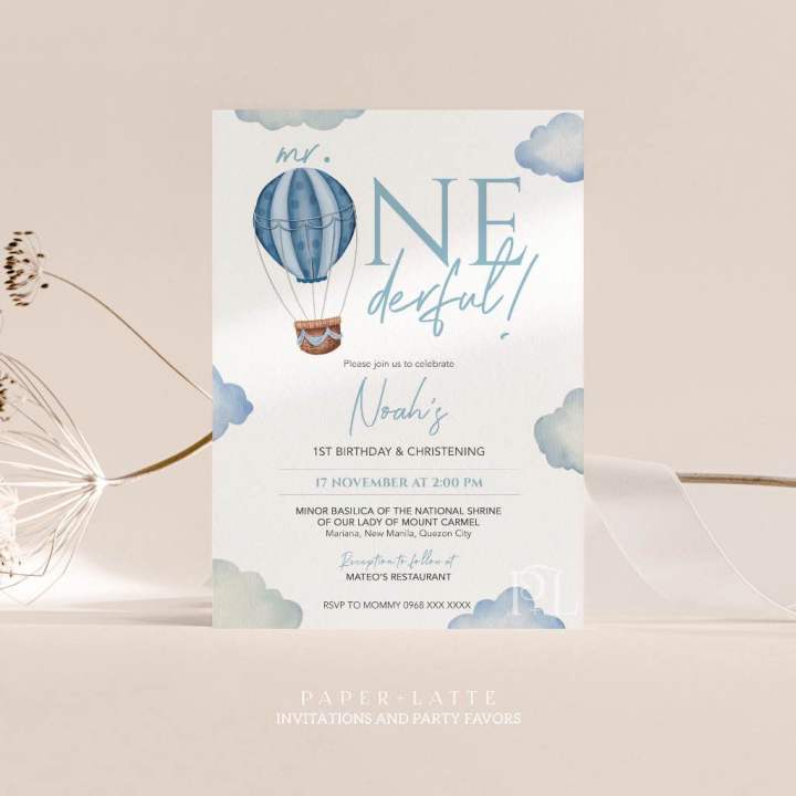 Blue Hot Air Balloon Birthday Invitation | Christening Invitation Card ...