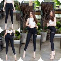 #กางเกงยีนส์ขายาวสีดำสนิท แต่งขาด เอวสูงคร่า S,M,L,XL