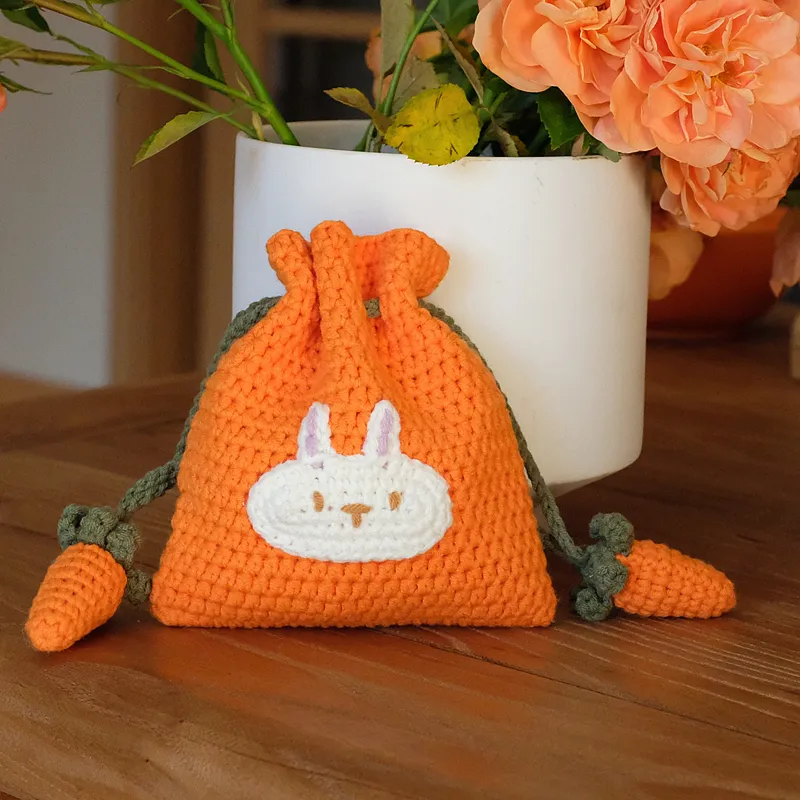 Handmade Knitted Finished Orange Carrot Rabbit Clutch Bag Card