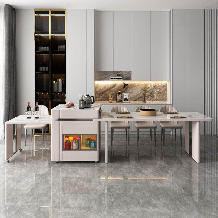 Retractable Stone Plate Kitchen Island plus Dining Table Integrated