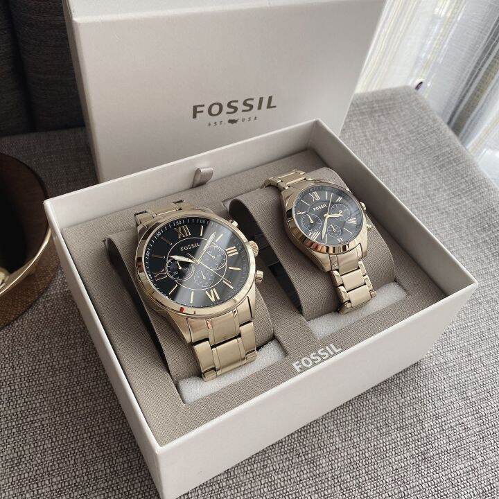 ของแท้100-สีทอง-นาฬิกาคู่รัก-fossil-bq2400set-his-and-her-chronograph-stainless-gold-couple-watch-bq2400