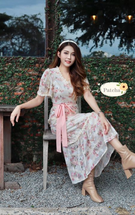 maxi-dress-สไตล์วินเทจ-s-xl-เดรสลูกไม้-เดรสลายดอก-เดรสยาว-เดรสสีเหลือง-ชุดเพื่อนเจ้าสาว-ชุดไปทะเล-ชุดออกงาน-ชุดไปงาน-patcha