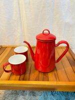 Set enamel teapot and 2 enamel glasses