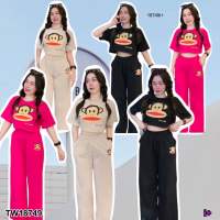 TW18749 set 2 ชิ้น เสื้อครอปแขนสั้น สกรีน ลาย มาพร้อมกางเกงขายาวทรงปล่อย